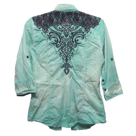 Roar Western Shirt Womens Sz L Slim Embroidered Rhinestones Cowgirl green black - Picture 2 of 12